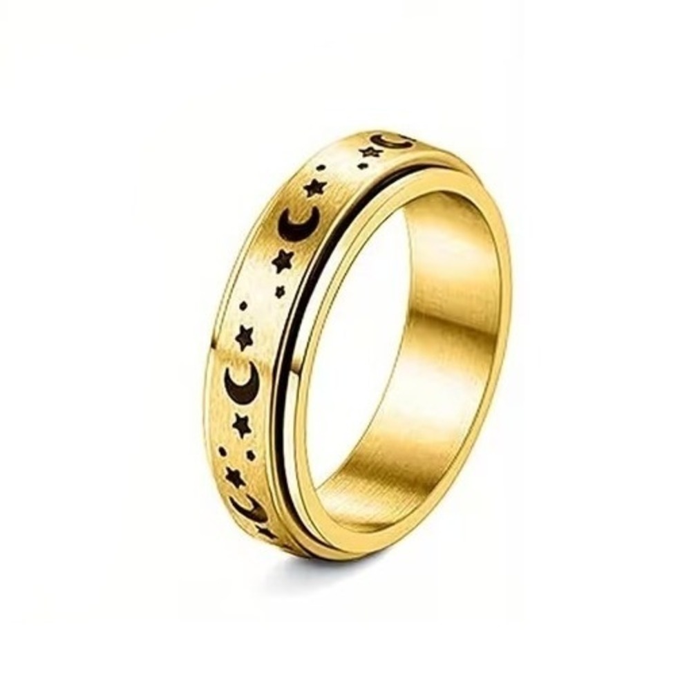 Gold Stainless Steel Moon and Stars Celestial Spinner Fidget Ring Size 6